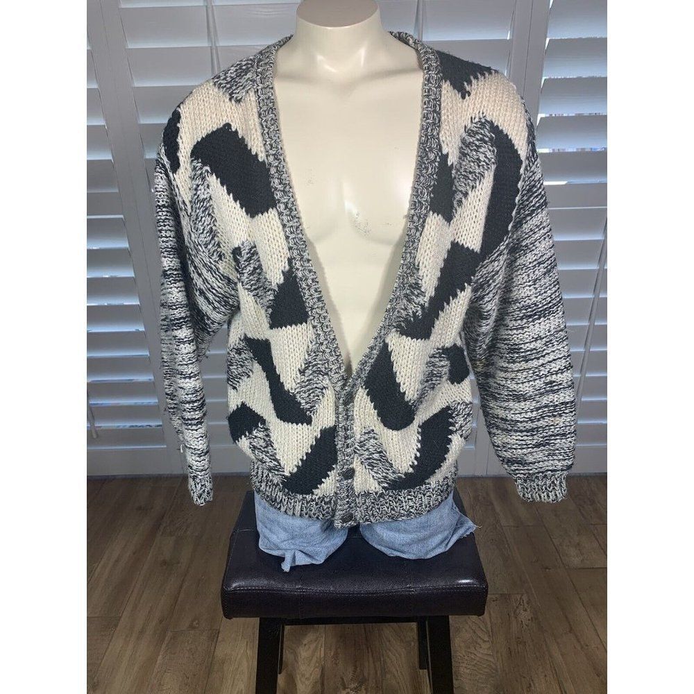 Vtg 80s Saturdays Geo Cardigan Sweater L Fall 88 Grandpa Black White Golf Prop